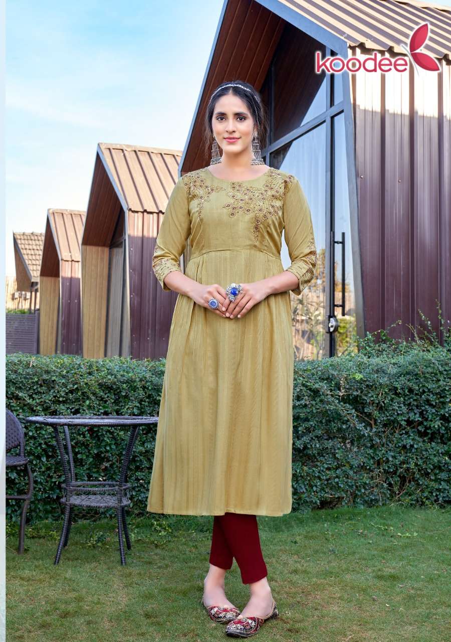 MORNI VOL 1 BY KOODEE BRAND PRESENTS HEAVY RAYON DOBBY HANDWORK, EMBROIDERY AND KHATLIWORK DESIGNER NAYRA STYLE KURTI-1001